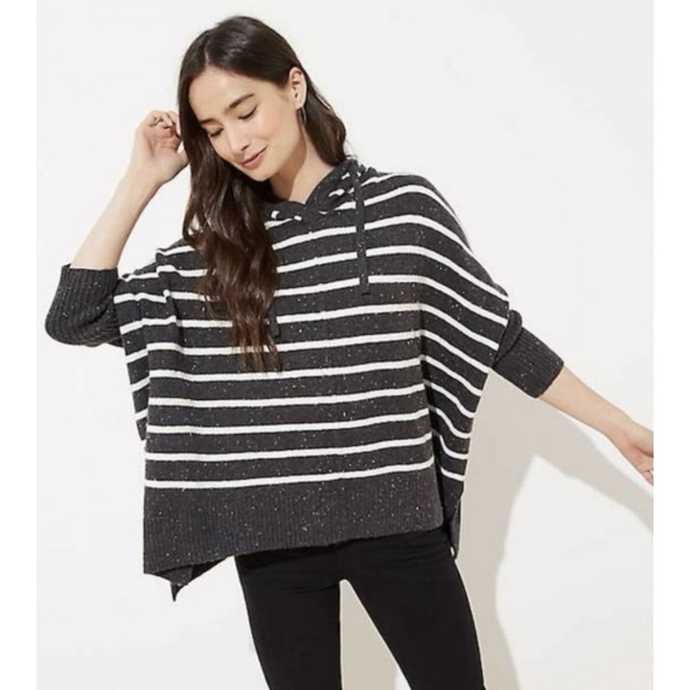 LOFT‎ Charcoal Gray White Striped Soft Knit Hooded Poncho Sweater Womens Size L